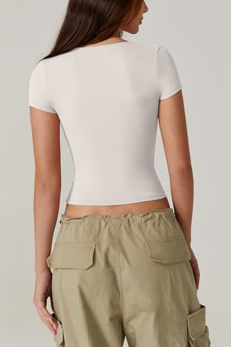 QINSEN Women's V Neck Short Sleeve T Shirts Seamed Cup Going Out Tops Hot Sale